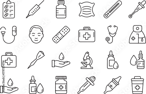 Medical and healthcare icons including syringe stethoscope and pills medical icons