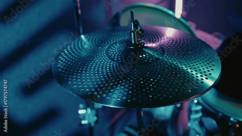 Studio shot showcasing shimmering cymbal with droplets and bokeh