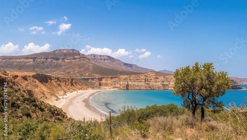 Fototapeta Naklejka Na Ścianę i Meble -  Coastal cliffs and lush greenery surrounding a sandy shore