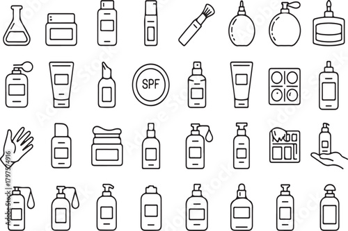 Set of 32 cosmetic and skincare product line art icons icon set beauty