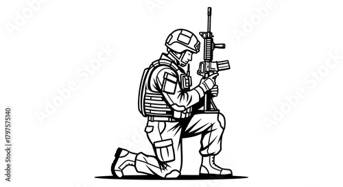 Soldier kneeling with rifle military vector illustration art