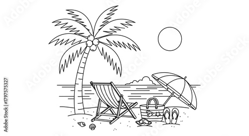 Beach scene coloring page summer vacation tropical island fun