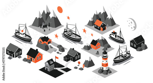 Charming coastal village illustration with boats, lighthouse, and mountains for storybooks or nautical themed designs, perfect for children's content