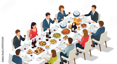 Celebrate success with colleagues during a festive holiday dinner at a formal event with wine, turkey, and delicious desserts for everyone