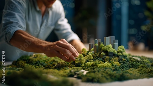 Close-up of architects’ hands reshaping a cityscape model, swapping old grey rooftops for vibrant green gardens and energy-efficient structures — a dynamic and hopeful concept symbolizing
