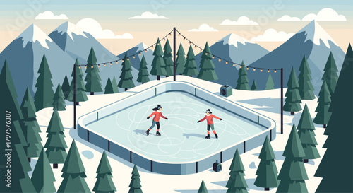 A magical winter wonderland experience ice skating at a festive outdoor rink surrounded by snow-covered mountains and evergreen trees