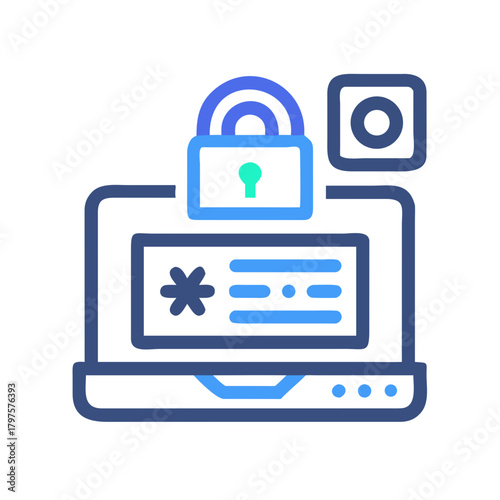 Password leak illustration with laptop and padlock, modern flat design, blue and teal colors, 
