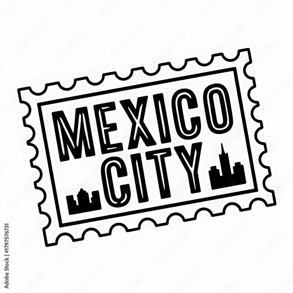 Obraz premium This design features a stylized stamp with the words Mexico City prominently displayed. The outline includes silhouettes of the citys skyline, symbolizing its vibrant culture and architecture.