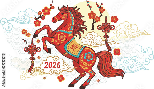 Ornate, richly decorated equine figure rears amidst traditional decorative elements suggesting an Eastern celebration