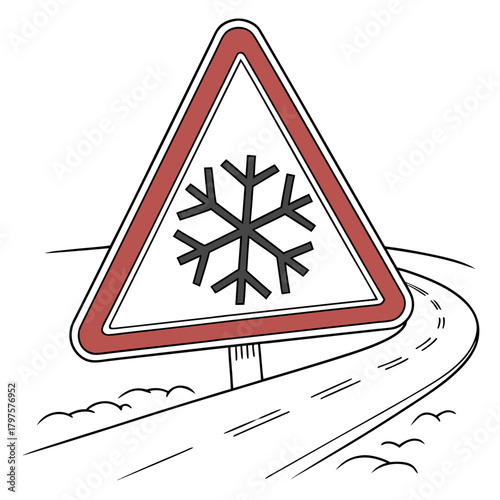 Icy road warning sign with a snowflake symbol