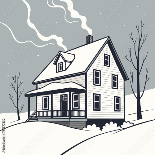 Illustration of a snow covered house with smoke coming from chimney