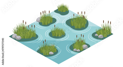 Serene wetland illustration with vibrant cattails and gentle ripples, perfect for nature-themed designs and tranquil backgrounds in earthy tones