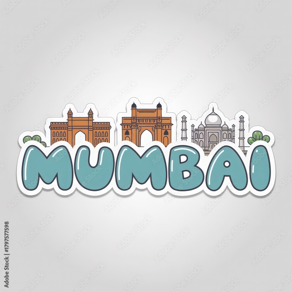 Naklejka premium This vibrant design features the iconic Gateway of India and other notable structures of Mumbai. The word Mumbai stands out with playful lettering, capturing the citys essence and energy.