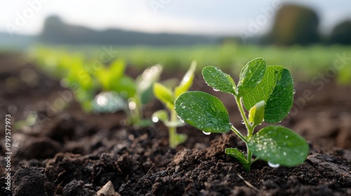 Early morning close-up of green soybean seedlings in dewy field