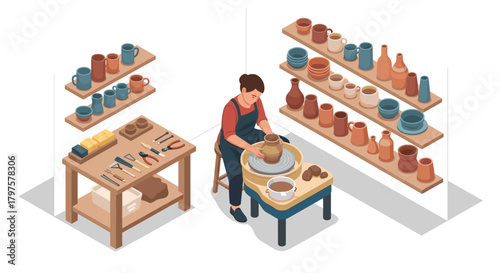 Creating beautiful ceramic art pottery in workshop studio, woman shaping clay with tools, handmade pottery and art production, pottery studio