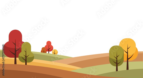 A flat vector illustration of an autumn landscape featuring rolling hills and colorful trees against a white background.