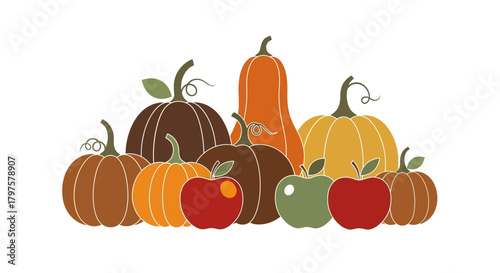 An illustration featuring a variety of pumpkins and apples in different shapes and colors, arranged together on a white background.