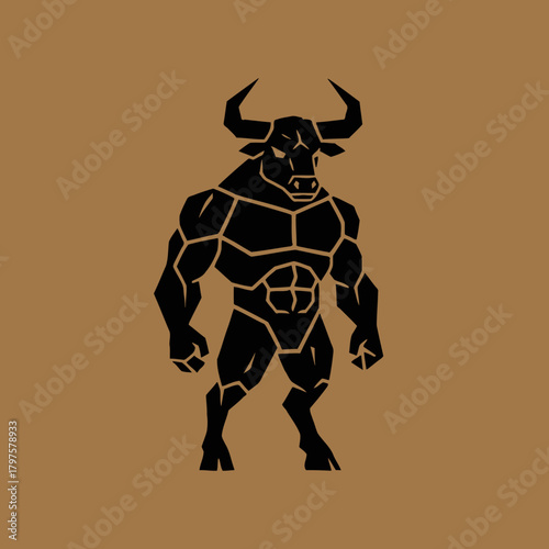 A stylized black graphic of a powerful minotaur, a mythical creature with a bull's head and a muscular human body.