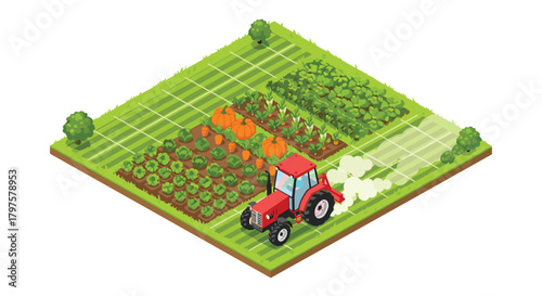Tractor working in a vibrant farm cultivating fresh vegetables and pumpkins, a symbol of sustainable agriculture and rural life in isometric view