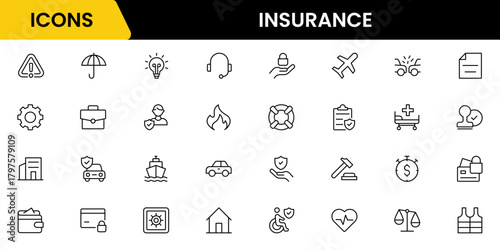 Insurance and assurance icon set. Containing healthcare medical, life, car, home, travel insurance icons.