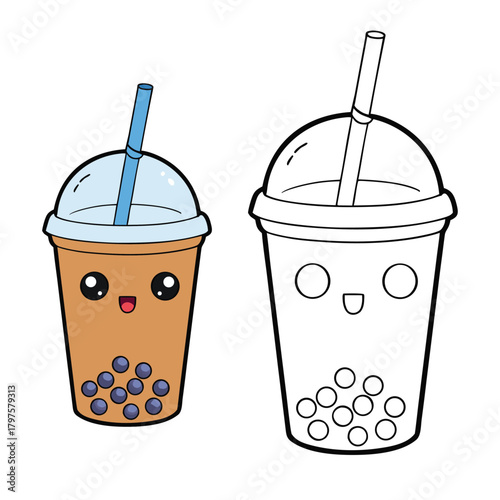 A fun boba bubble tea coloring page showing a smiling cup filled with chewy pearls, a wide straw on top, and playful details that invite creativity and vibrant coloring.
