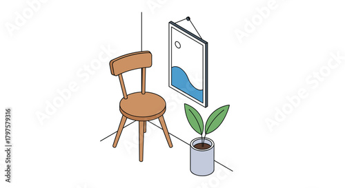 Embrace minimalist lifestyle with chair, potted plant, and calming artwork in a serene space for relaxation and mindful living at home