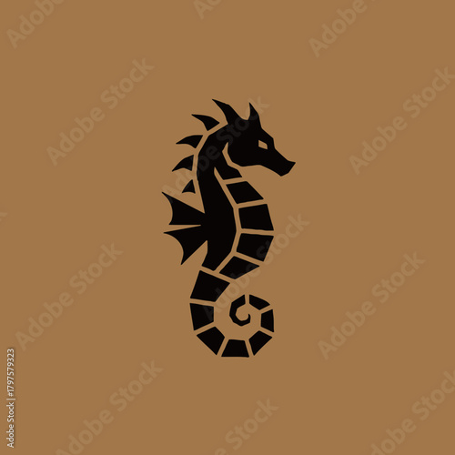 A stylized black seahorse silhouette on a brown background, showcasing a geometric design.