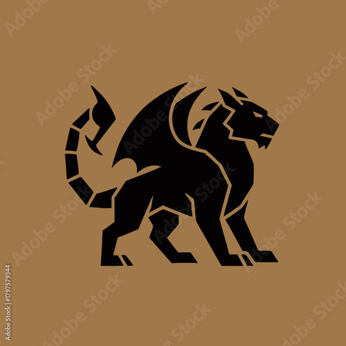 A black silhouette of a mythical manticore creature with wings and a scorpion tail on a brown background.