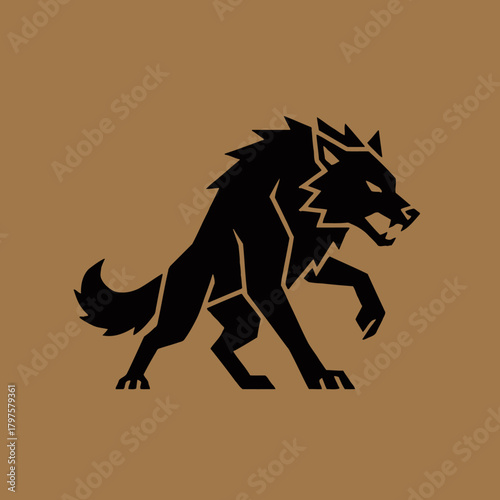 A stylized black wolf with sharp teeth and a menacing expression on a brown background.