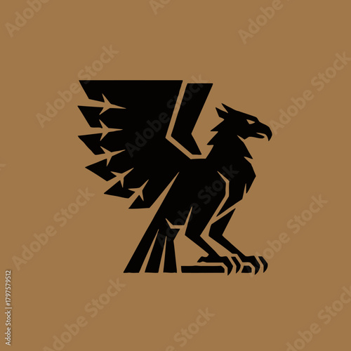 A bold black silhouette of a mythical griffin emblem with stylized wings on a brown background.
