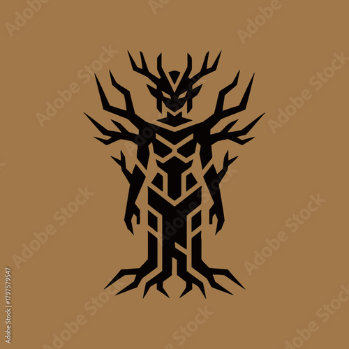 Stylized black tree spirit figure with antlers and roots on a brown background, representing nature's guardian.