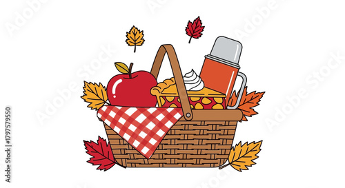 A picnic basket filled with apple pie, an apple, and a thermos, surrounded by autumn leaves, all on a white background.