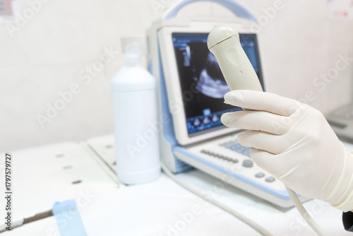 An ultrasound probe on a veterinary scanner, ready for animal examination. Concept diagnostic imaging