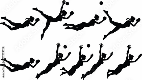 Dynamic silhouette collection of energetic volleyball players in action, athletic and powerful, perfect for sports branding, team spirit designs, and active lifestyle visuals