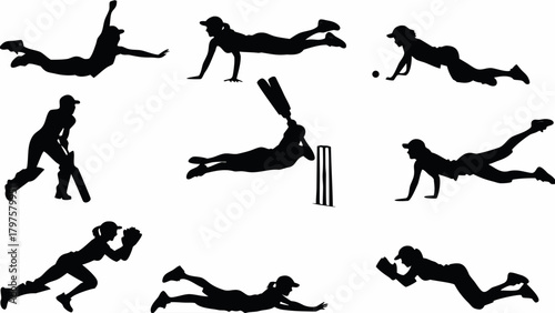 Dynamic cricket players in action silhouettes showcase athleticism and teamwork, perfect for sports branding, fitness campaigns, and empowering women in sports