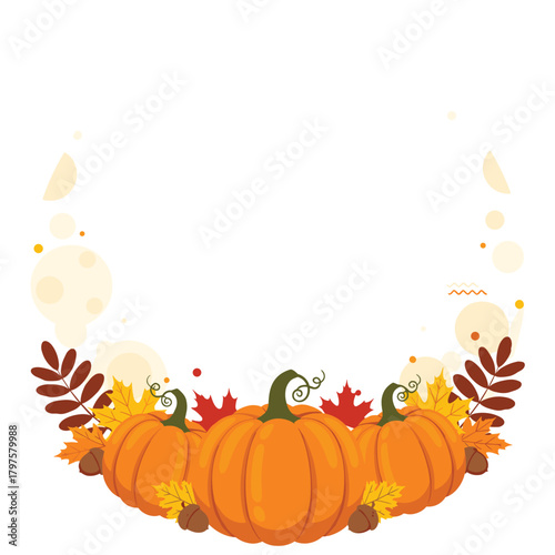 A festive autumn arrangement featuring three plump pumpkins surrounded by colorful fall leaves and scattered acorns creating a harvest border.