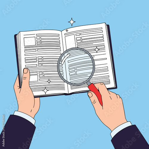 Hands holding a magnifying glass over an open book filled with text.