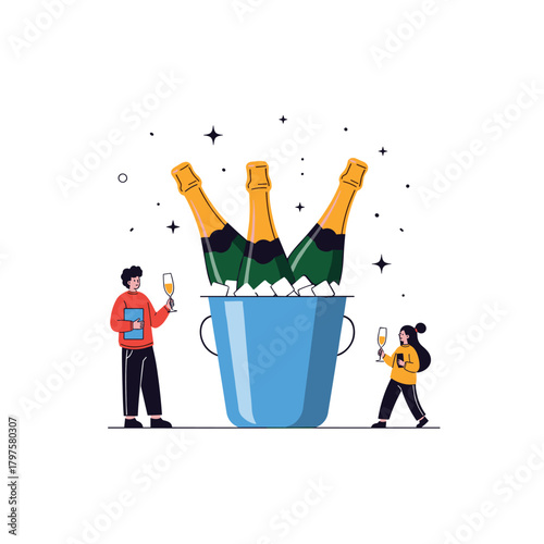 Friends celebrating a special occasion with a bucket of champagne and glasses.