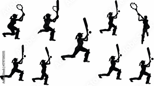 Dynamic cricket player silhouettes showcasing athleticism and skill in action poses, perfect for sports branding, team graphics, and promotional content