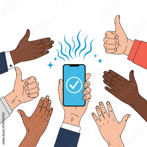 A group of diverse hands applauding and giving thumbs up around a smartphone showing a checkmark and glowing.