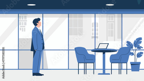 Pensive Businessman Gazing Out Window in Modern Office Space with Laptop and Plant Contemplating Future Business Strategies