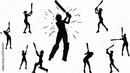 Dynamic cricket players silhouettes in action, a powerful display of sportsmanship and athleticism, perfect for sports branding and promotional campaigns
