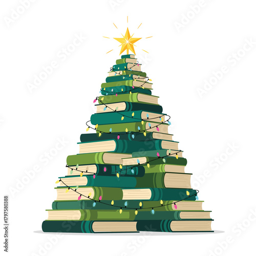 A festive stack of green and cream books arranged in the shape of a Christmas tree decorated with twinkling fairy lights and a shining star on top.