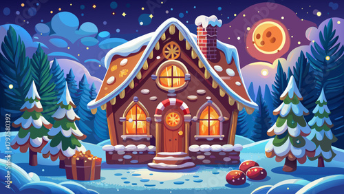 Very beautiful detailed gingerbread cottage with intricate icing patterns, warmly illuminated windows, and a tiny bear figurine inside, set amidst sparkling winter lights and soft snow, creating a coz