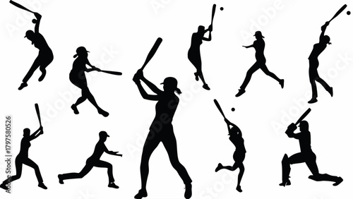 Dynamic collection of female baseball players silhouettes showcasing action poses for sports teams, athletic programs, and engaging sports designs, originally vector art