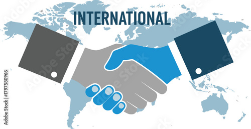 Business partners shaking hands over a global map, symbolizing international collaboration and agreement.
