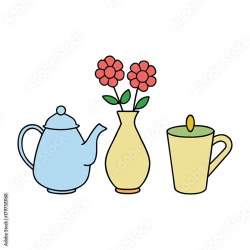 A charming teapot and teacup sit beside a delicate vase of blooming flowers, creating a cozy, calming scene that blends warmth, fragrance, and timeless elegance in one simple moment.

