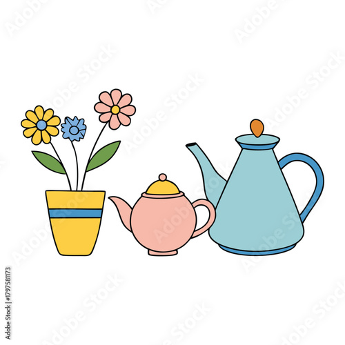 A charming teapot and teacup sit beside a delicate vase of blooming flowers, creating a cozy, calming scene that blends warmth, fragrance, and timeless elegance in one simple moment.
