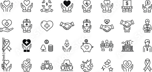 Charity donation healthcare icons set with hands hearts money support medical assistance volunteer symbols for nonprofit design