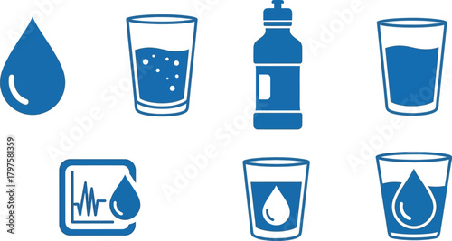 Collection of blue water icons representing hydration and health